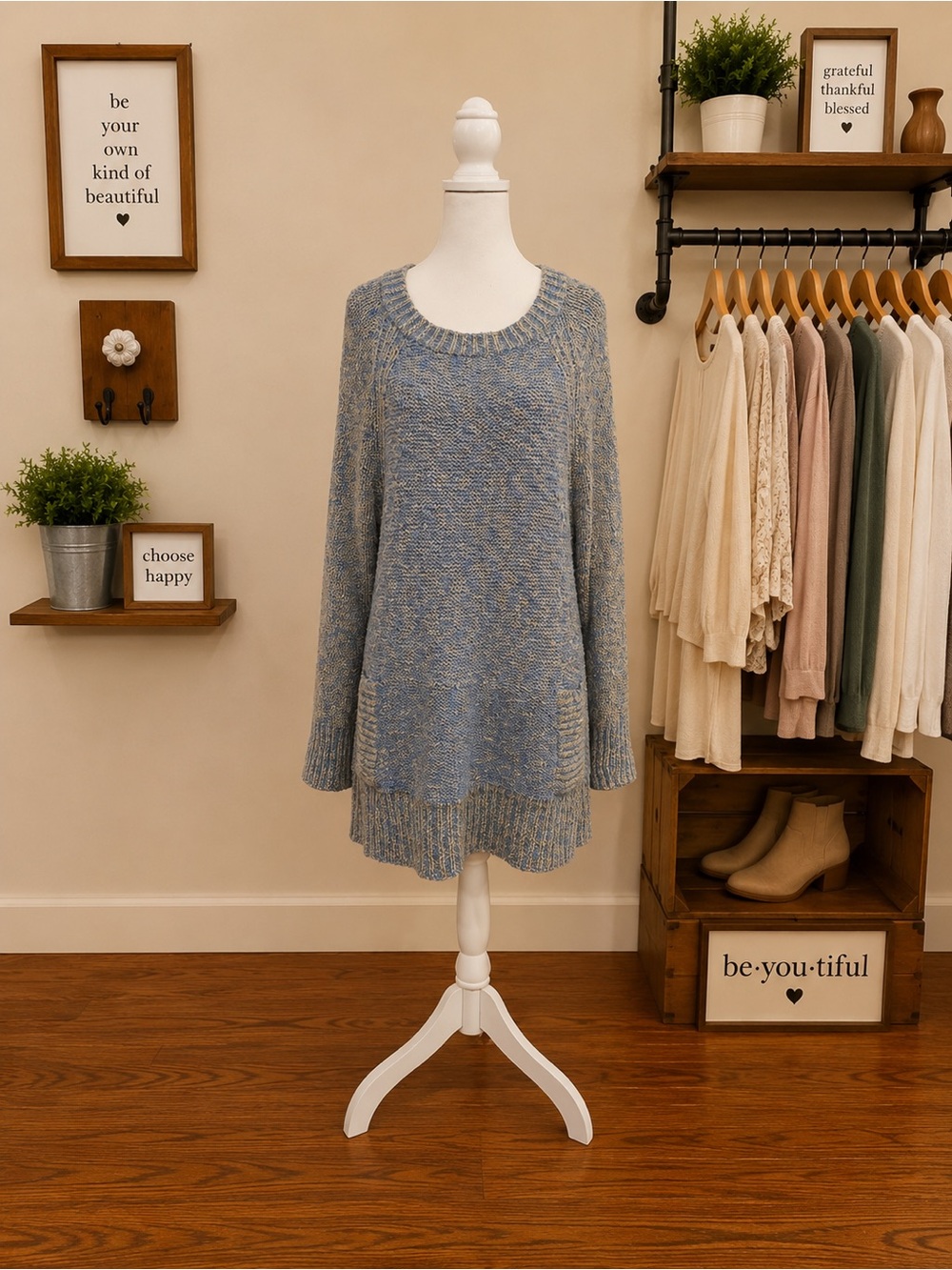 Free People Size Large Blue Gray Oversized Kangaroo Pocket Sweater Tunic